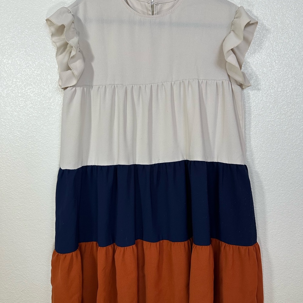 SHEIN Cream, Navy, and Orange Casual Flutter Sleeve Sundress